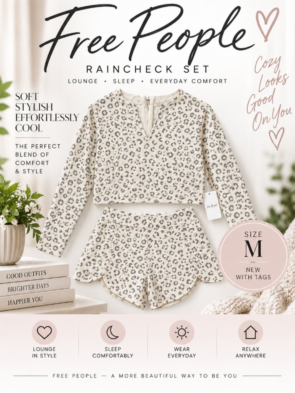 Free People Raincheck Leopard Lounge Pajama Set Ivory Combo M NWT $168